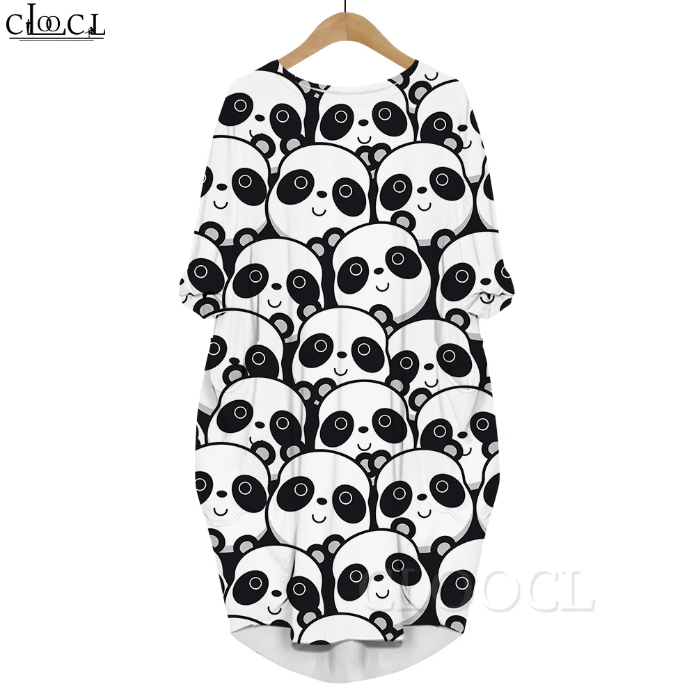 

CLOOCL Kawaii Dresses for Women Cute Plump Panda Print Long Sleeve Dress O-Neck Bat Pocket Knee Length Skirt Vestidos 2023