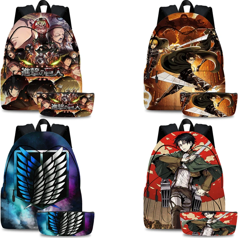 

Fashion Shingeki no Kyojin Schoolbag Pen Bag 2pcs Set Attack on Titan Backpack Men Canvas Bag Children Bookbag Hiking Backpacks