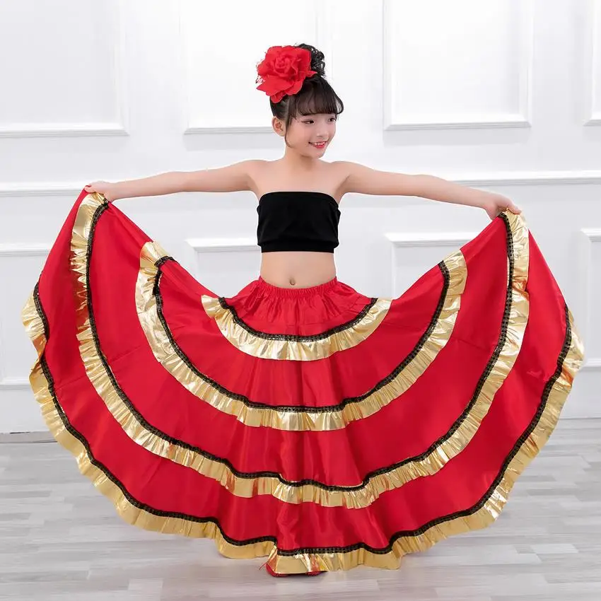 Kids Flamenco Skirt Spanish Traditional Dance Dress Gypsy Style Stage Performance Costume Belly Dance Costume