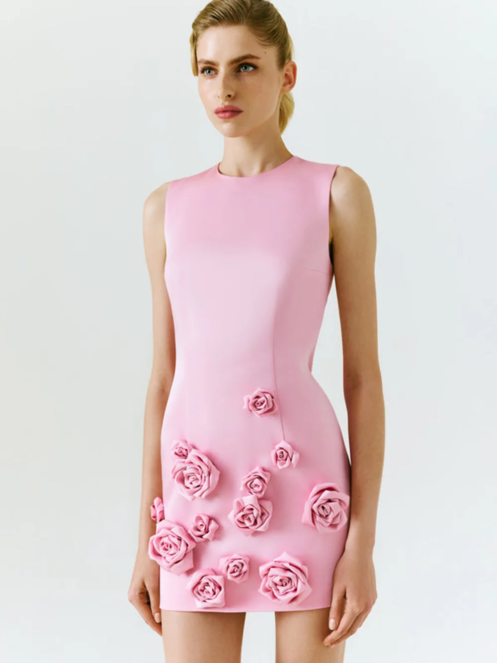 

Women Pink Sexy Sleeveless O Neck 3D Flower Satin Elegant Rose Flowers Slim Pink 2023 Mini Celebrity Party Evening Fashion Dress