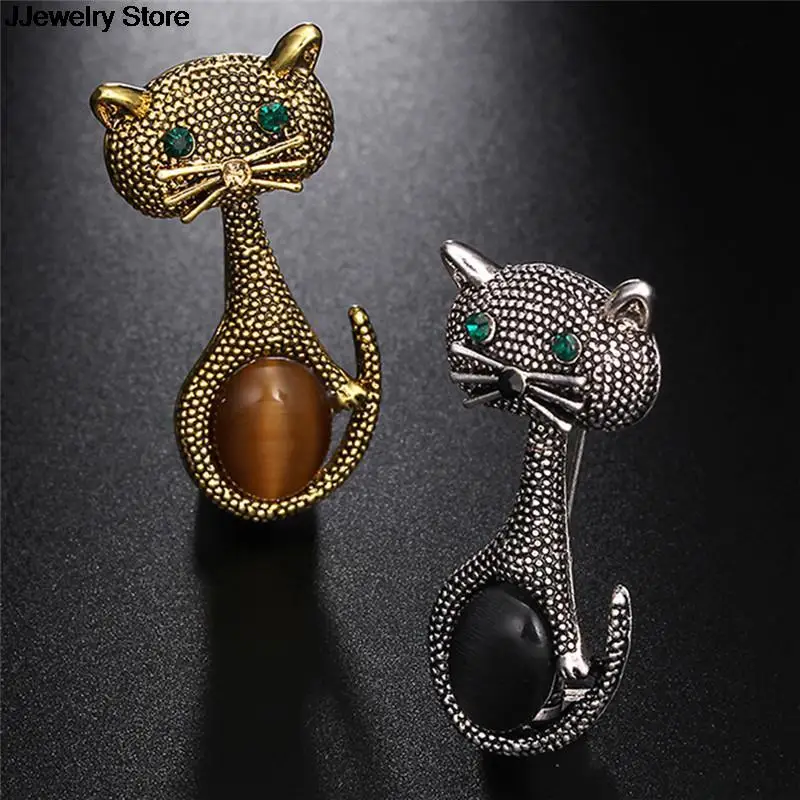 

1PC Vintage Opal Cat Eye Brooch Pins For Women Cute Animal Broches European Collar Clips Wedding Party Bijoux Gold-Color