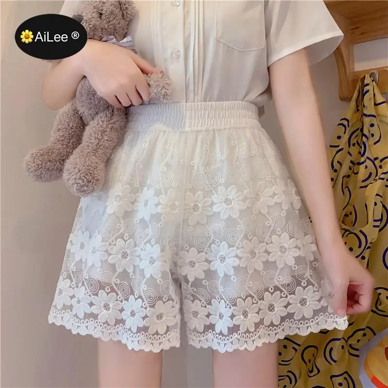 Sweet White Underskirt Shorts Women Vintage Summer Wide Leg Loose Thin Solid Street Short Classic Lace Girls Chic Japan Style