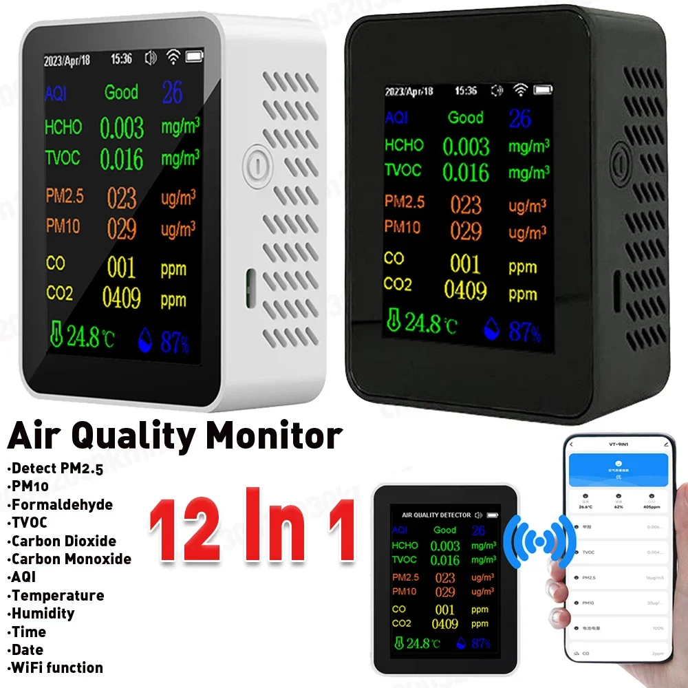 디지털 공기질 감지기, CO2 HCHO TVOC 온도 습도 모니터 테스터, 이산화탄소 LCD 충전식 감지기, 12 in 1