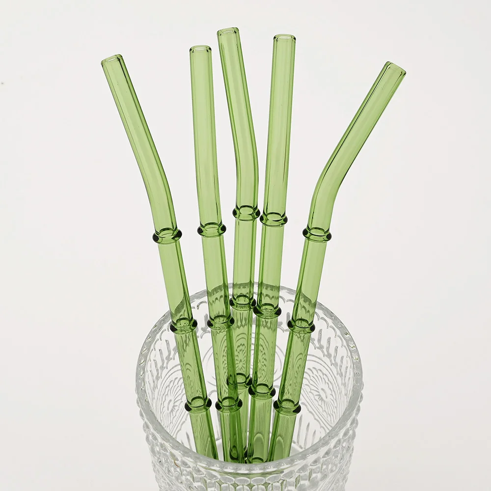 Set of 4 Eco-Friendly Glass Straws with Green Bamboo Design and Cleaning Brush