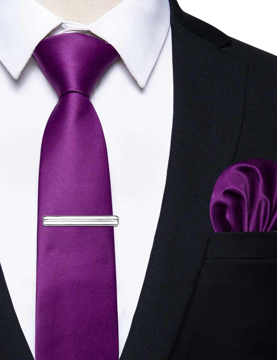 

Luxury Slim Purple Men's Tie Clip Pocket Square Set 6 Cm Solid Necktie for Man Wedding Business Party corbatas para hombre Gifts