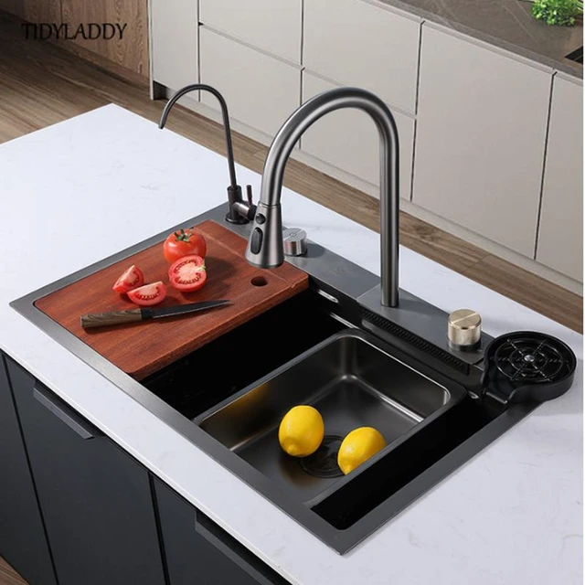 Fregadero negro de cocina de acero inoxidable, fregadero inteligente para  el hogar, fregadero multifuncional 3 en 1 con accesorios para fregadero de