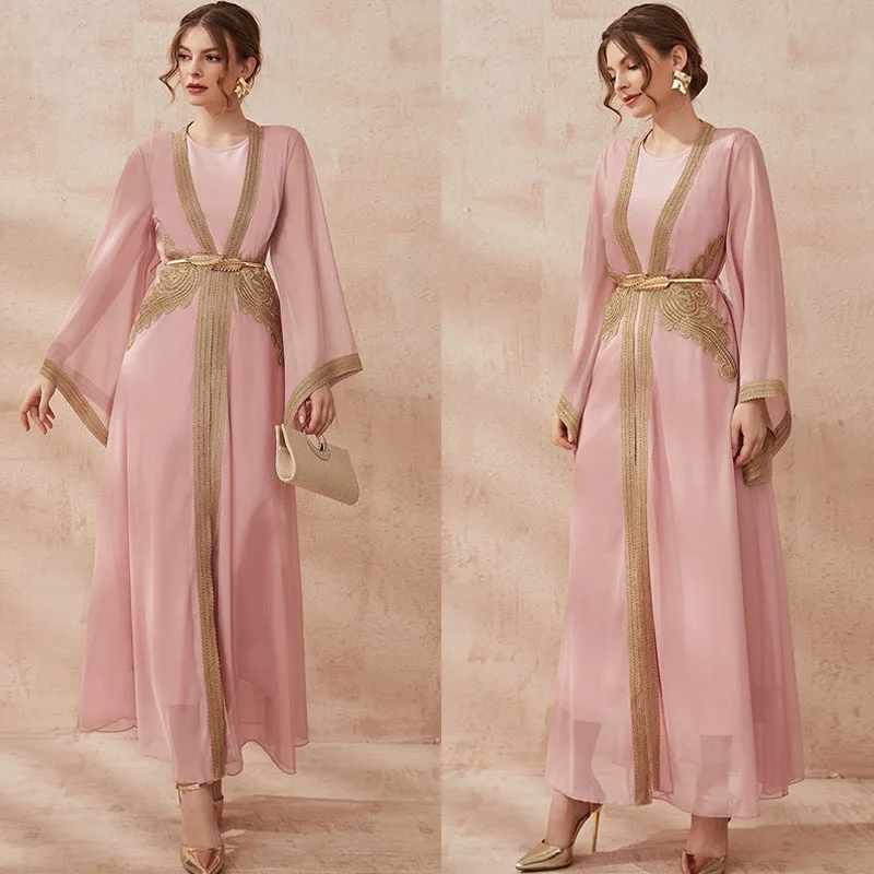 

Новинка 2023, шифоновое мусульманское простое абайское розовое скромное платье и искусственное модное арабское женское платье Дубай, абайя, мусульманская одежда