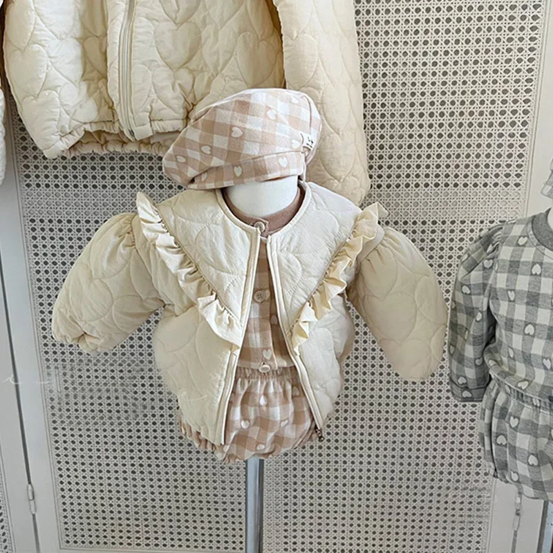 3559C Korean Girl's Coat Autumn and Winter Thin Zipper Baby Girl Lace Jacket Cotton Coat Solid Color Cotton-padded Jacket