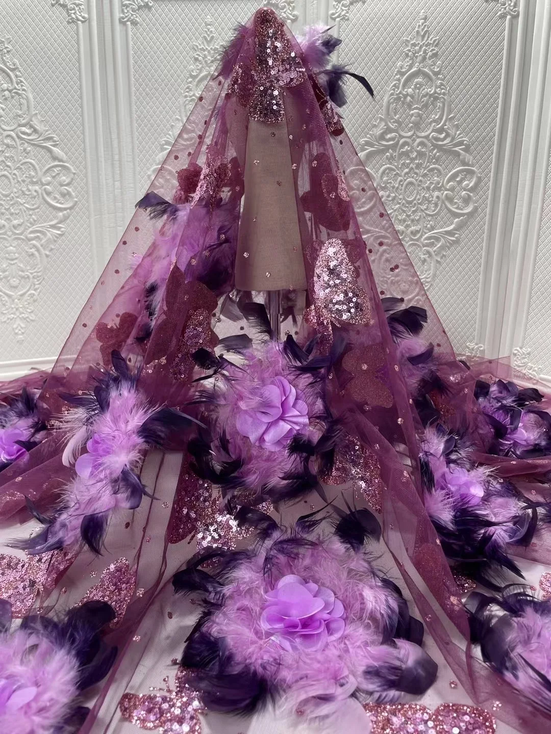 

Nigeria Wedding Lace Fabric Latest High Quality 3D Flowers With Feather Lace Fabric Embroidery Fine African Mesh Tulle Lace Sew