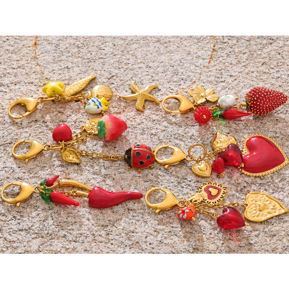 Yhpup Red Enamel Fruit Flower Strawberry Keychain Pendant Car Key Chains