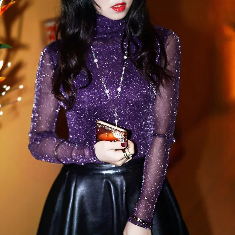 Primavera Estate Donna Sexy Vedere Attraverso Camicetta A Rete Manica Lunga Trasparente Brillante Elegante Camicia Moda Donna Top Blusa