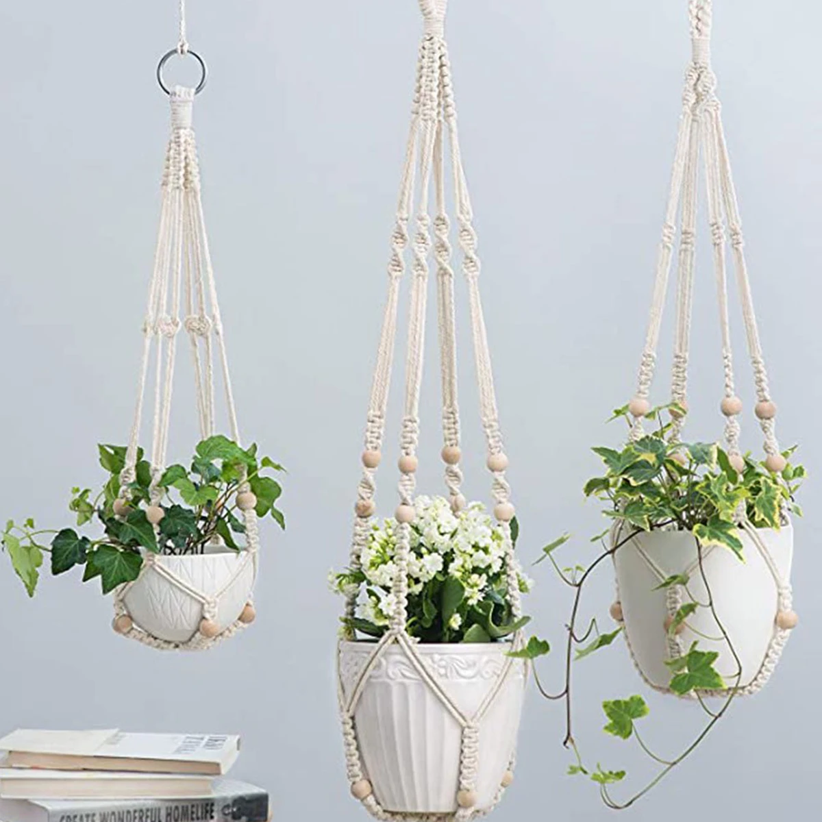 YANJINGHE Cestino da Fiori Sospeso, Cesto per Piante in Corda di Cotone, Appendiabiti per Piante, Vaso da Fiori Sospeso, Tessuto a Mano Vaso per