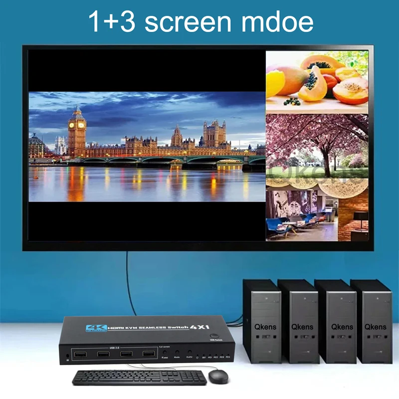 4K 4x1 KVM 심리스 스위치 HDMI 멀티뷰어 1+3 2 3 4 화면을 하나의 모니터에 표시, 4대의 노트북 PC 마우스 키보드 모니터 공유