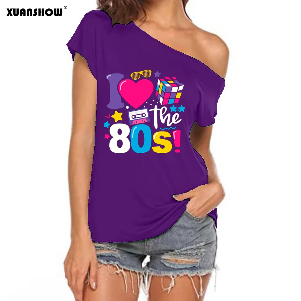 Maglietta Donna I Love The 80s Off Shoulder Con Maniche A Cappuccio E Faccina Sorridente, Taglie UK 8-26, Nero