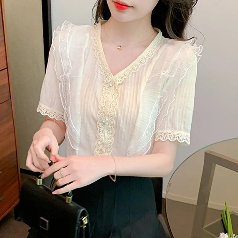 

Summer Ruffles Lace V-Neck Chiffon Womem Blouse Shirt Blusas Mujer De Moda 2024 Verano Short Sleeve Blouse Women Tops Blusa G873