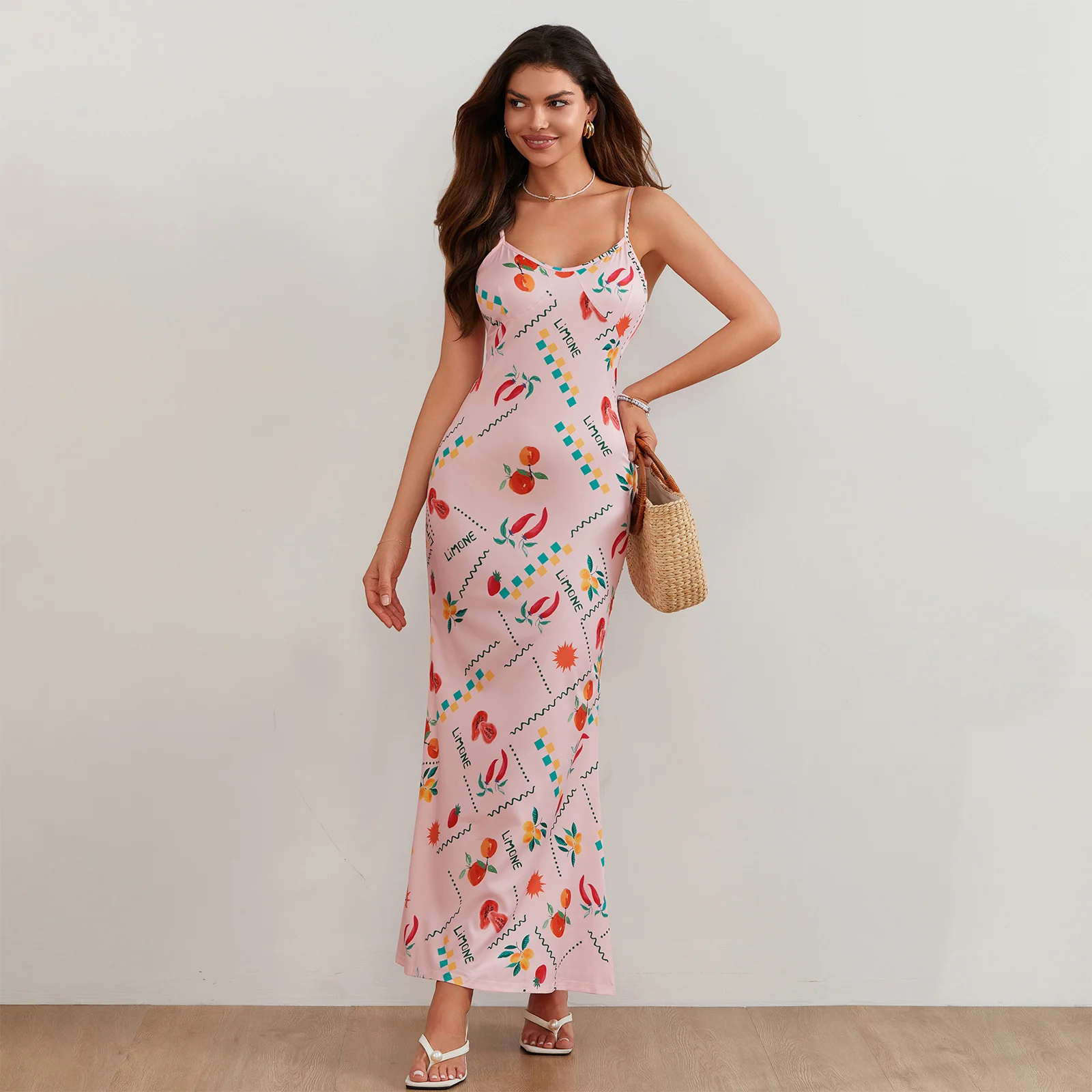 

Women Slip Sleeveless Dress Summer Fruit Print Spaghetti Strap V-Neck Party Dress for Vacation Cocktail Beach Streetwear