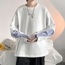 Moda masculina falso de duas peças em torno do pescoço moletom primavera e outono tendência solta listra costura design casual treino masculino