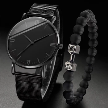 2 peças relógio masculino moda Roma relógios de quartzo pulseira de malha de aço conjunto de pulseira 1