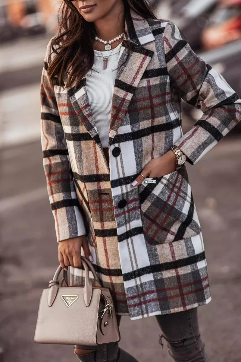 Women's Clothing Casual Autumn and Winter Fashion Commuting Loose Sleeved Button Printed Woolen Jacket