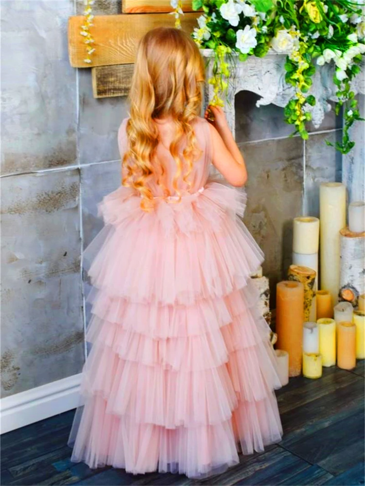 

Puffy Tulle Flower Girl Dress For Wedding Pink Layered Sleeveless Pageant Elegant First Communion Dress Kids Party Ball Gown