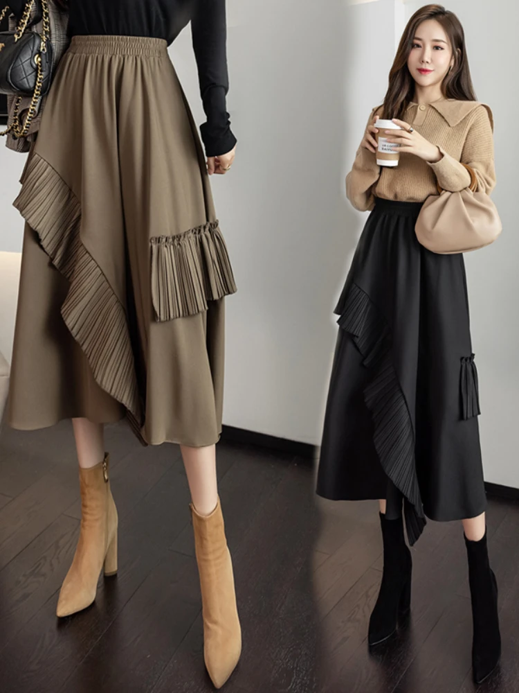

Autumn and Winter New Irregular Stitching Cake Skirt Lotus Leaf Retro All-match Skirt Mid-length High Waist Thin A-line Skirt