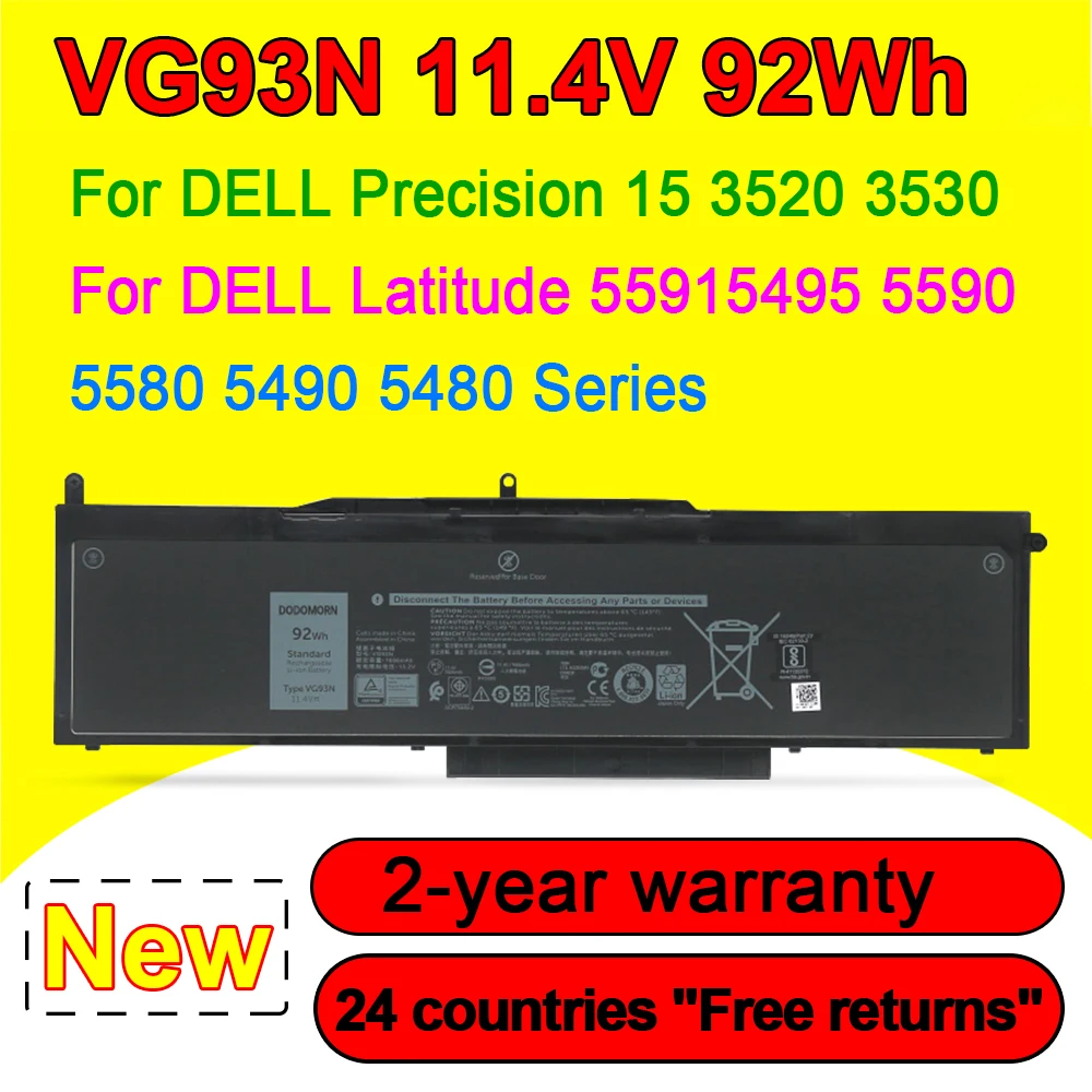 

Аккумулятор VG93N для ноутбука DELL Precision 15, 3520, 3530, M3520, M3530, Latitude 5480, 5490, 5580, 5491, 5591, 5495, 11,4 в, 92 Втч