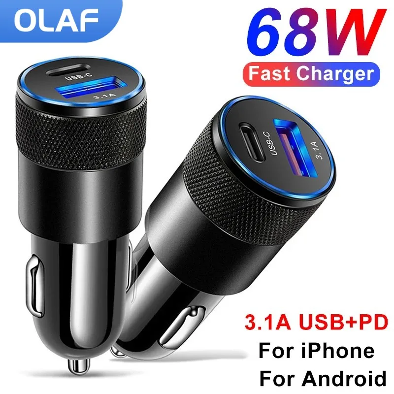 Olaf 차량용 USB C타입 충전기, 아이폰, 샤오미, 화웨이, 삼성용, 고속 충전, 휴대폰 어댑터, 68W PD