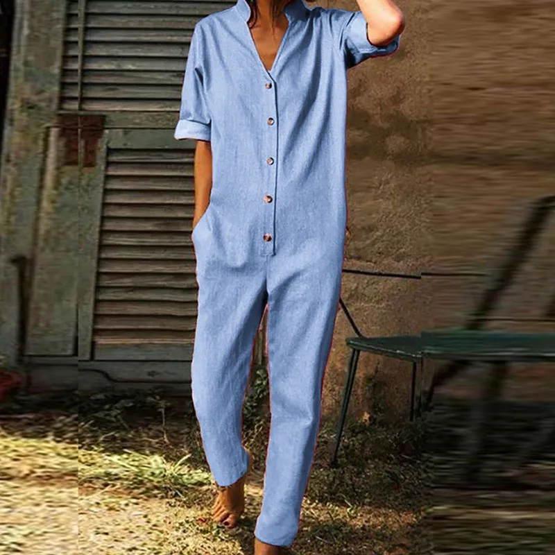 

Ladies Sexy V-neck Button Long Playsuits Vintage Office Solid Casual Romper New Summer Cotton Linen 3/4 Sleeved Loose Jumpsuit