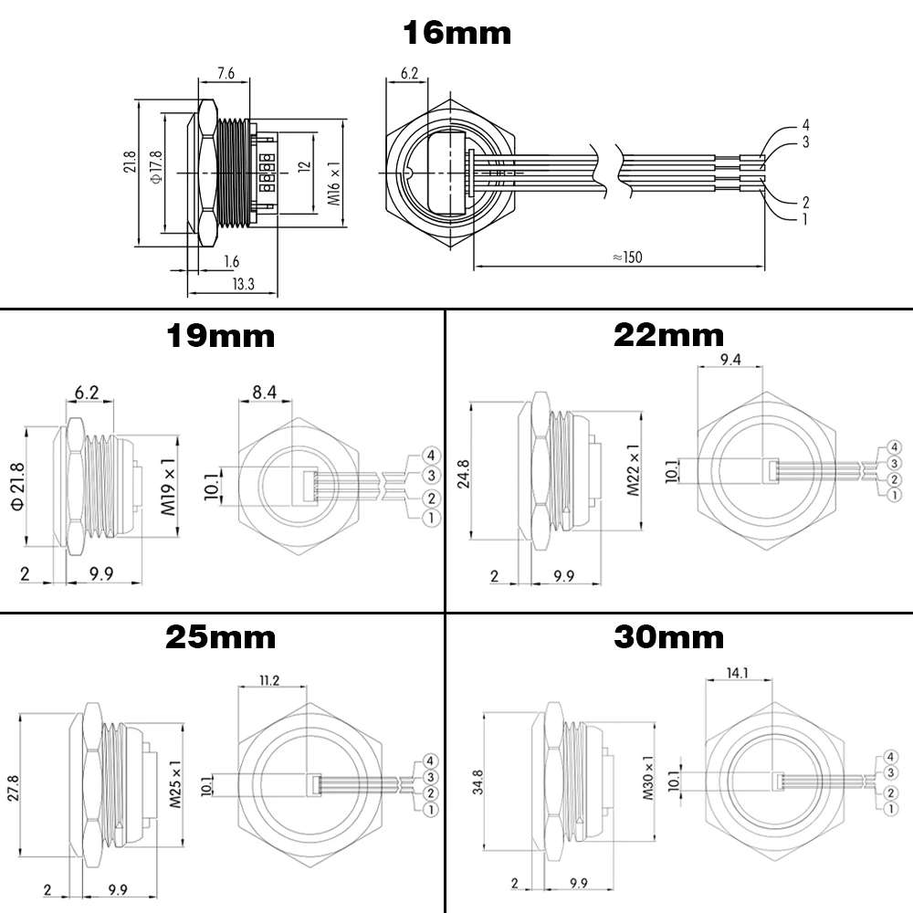 16/19/22/25/30mm With Wires Short Stroke Waterproof Metal Push Button Switch 1NO