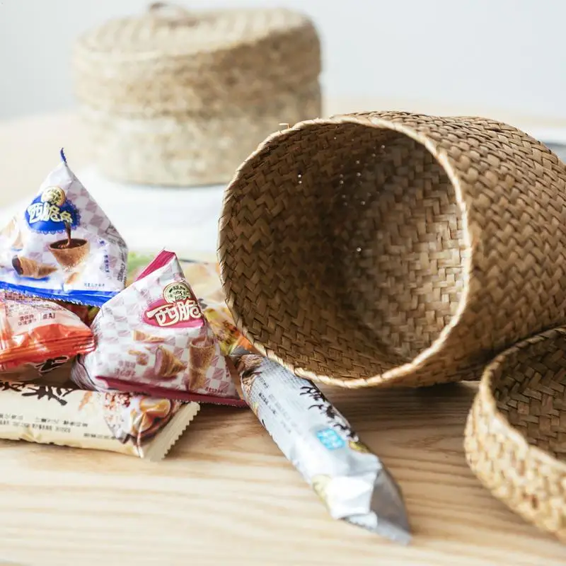 Weaving Snack Storage Box Jute Sundries Storage Baskets With Lids Wardrobe Table Round Gift Box Wicker Seagrass Flower Pot 3