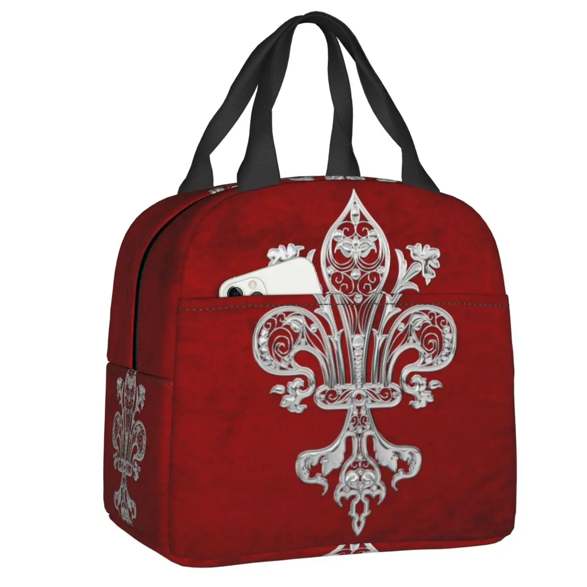 

Silver Filigree Fleur De Lis Insulated Lunch Bag for Women Lily Flower Fleur De Lys Thermal Cooler Bento Box Kid School Children