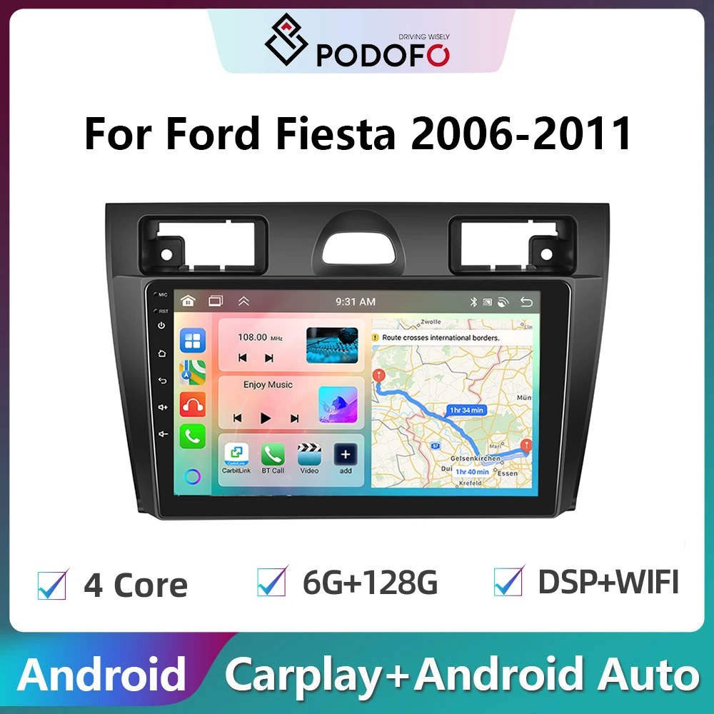 

Podofo 2Din Android Car Radio Multimidia Video Player For Ford Fiesta 2006-2011 GPS Navigation Carplay Auto Stereo Head Unit