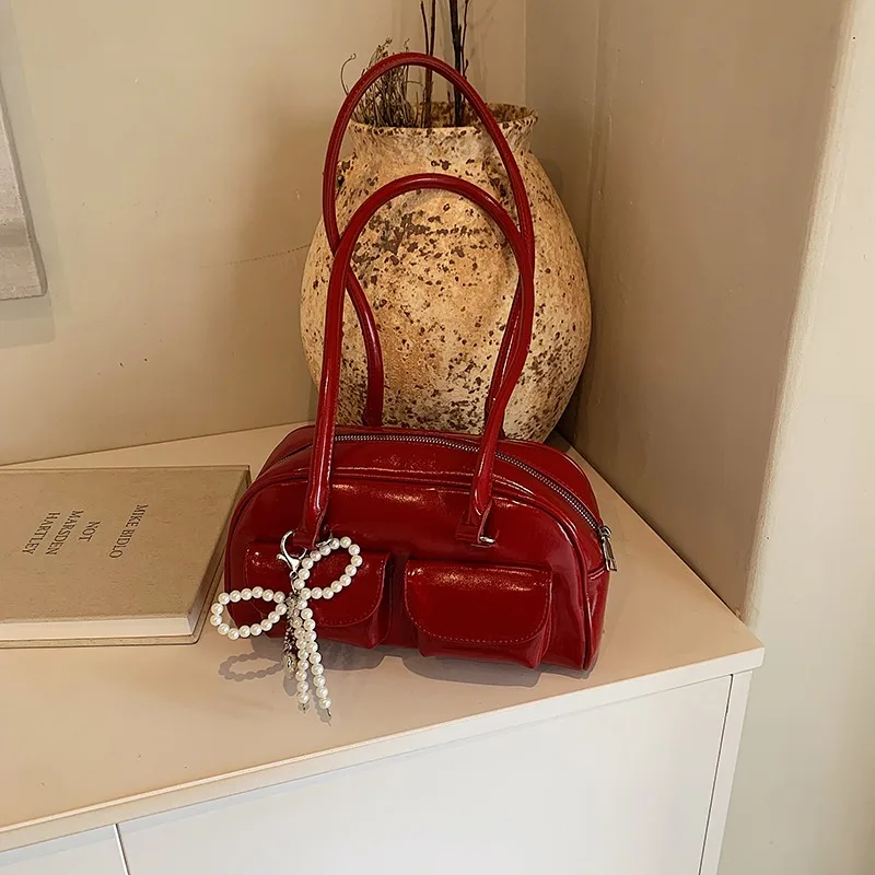 

PU Solid Sewing Fashion Shoulder Bags Pearl Bow Decoration High Capacity Hand Bags 2024 Hot Sale Bags for Women Bolsas Femininas