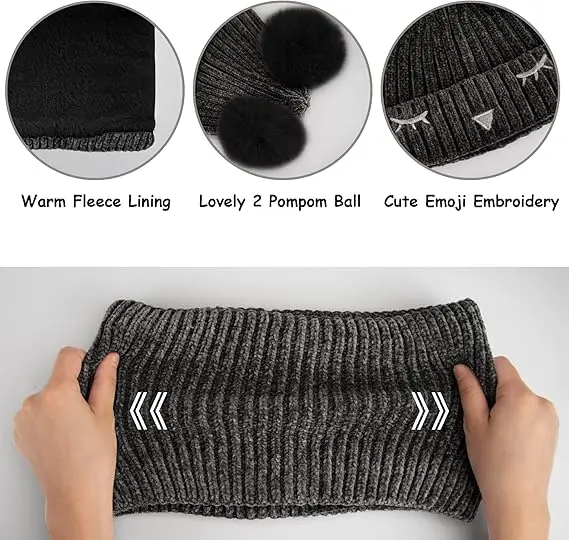 3 Pack Kids Hat Scarf Gloves Sets Winter Warm Pom Beanie Hat Fleece Lined Neck Warmer for Girls Boys 2-6