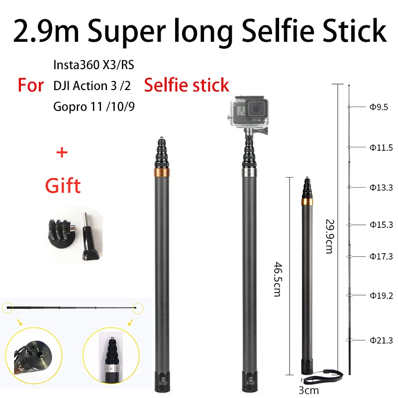

290cm carbon fiber stealth extended selfie stick Insta360 x3 ONE X2 RS camera accessory Gopro 11 DJI Action 3 selfie stick