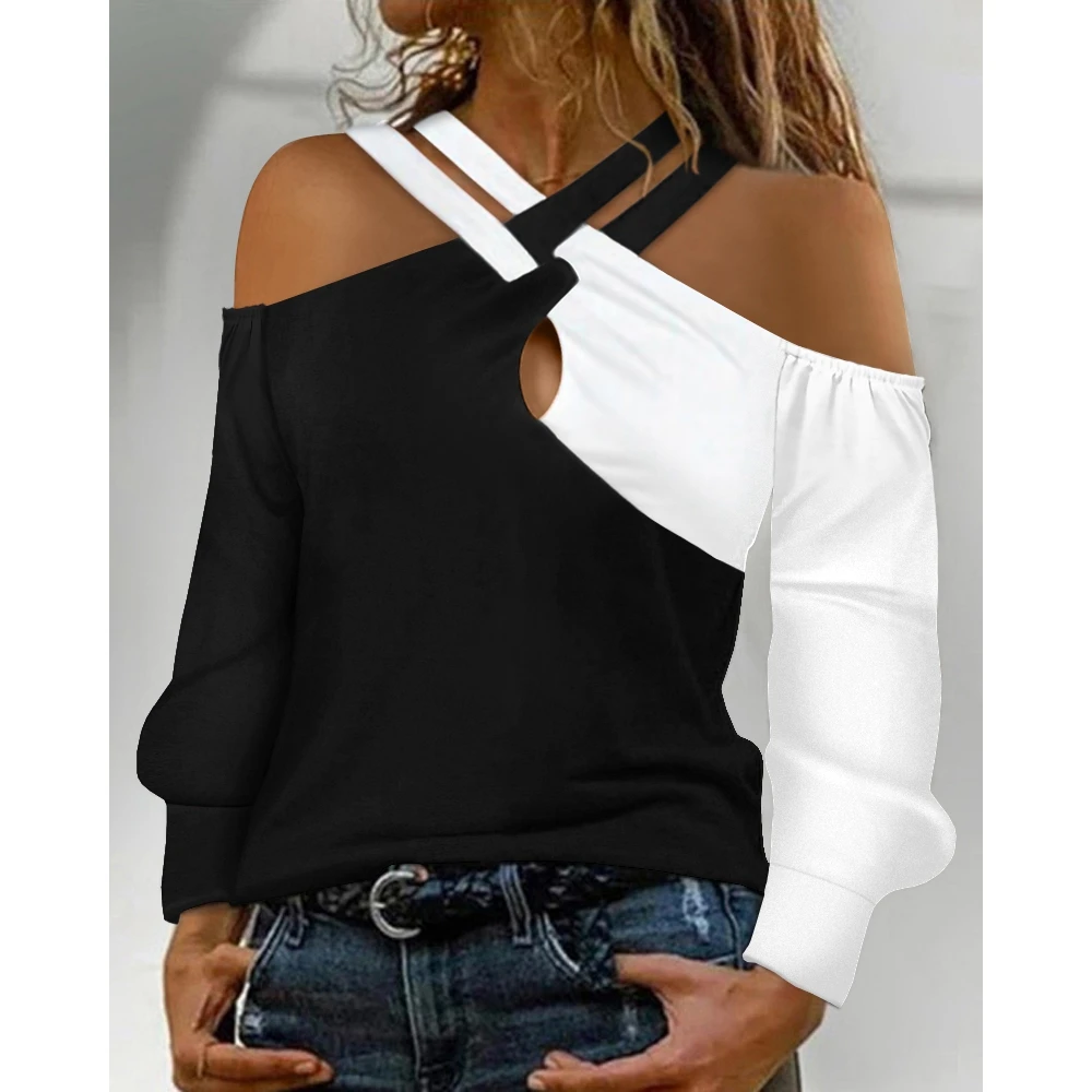 

Casual Women Colorblock Crisscross Cold Shoulder Top Fall Eelegant Patchwork Tees Spring Lady Long Sleeve Autumn T Shirt Outwear