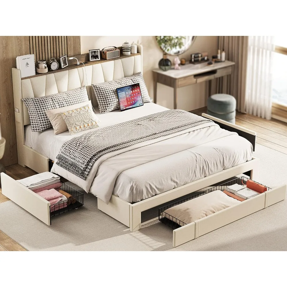 

Queen Bed Frame with 3 Drawers, Upholstered Platform Bed with Storage Headboard and Charging Station, No Box Spring Neede