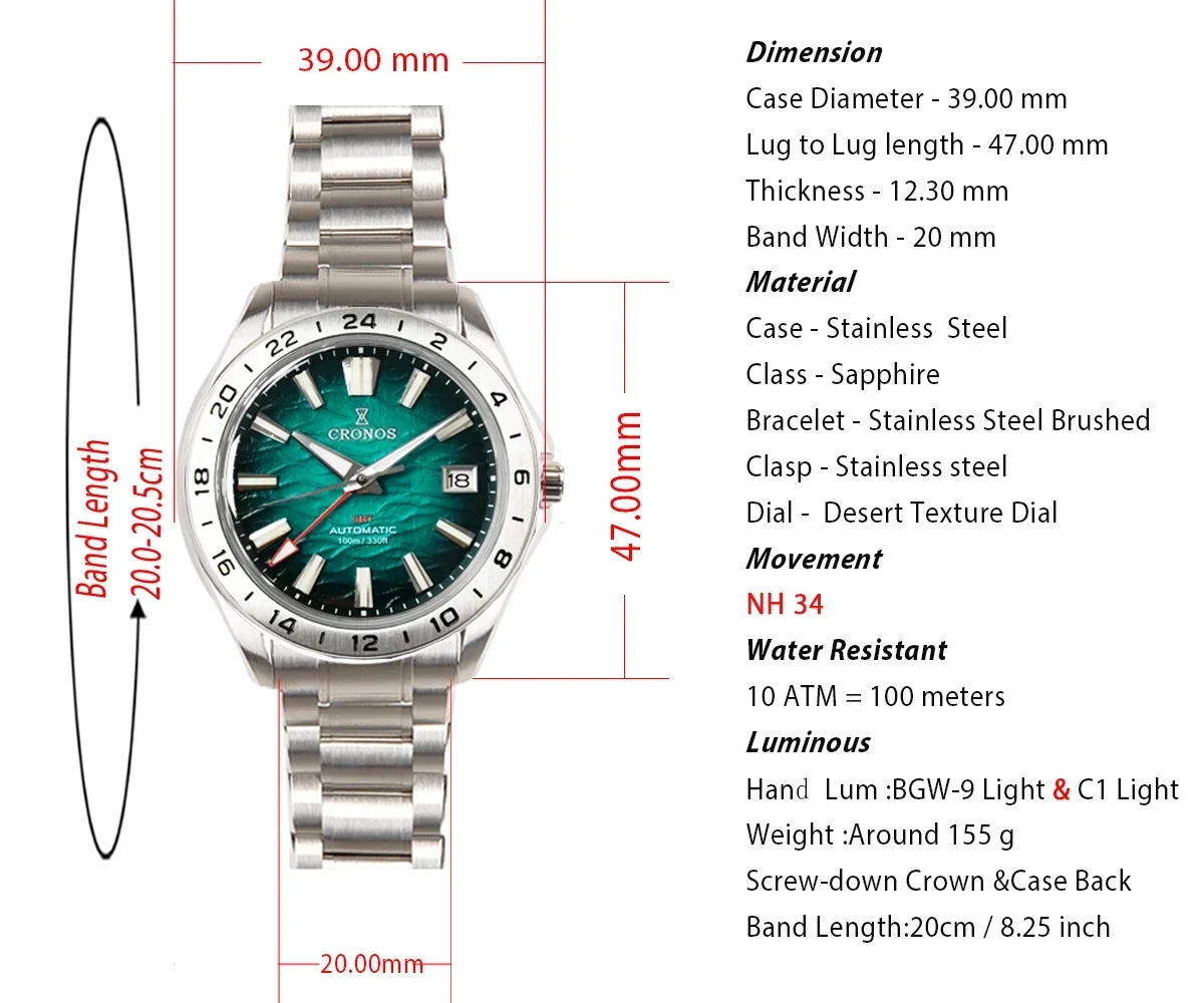 Cronos GS L6029 GMT Automatic Watch — NH34 | Jewelry Addicts