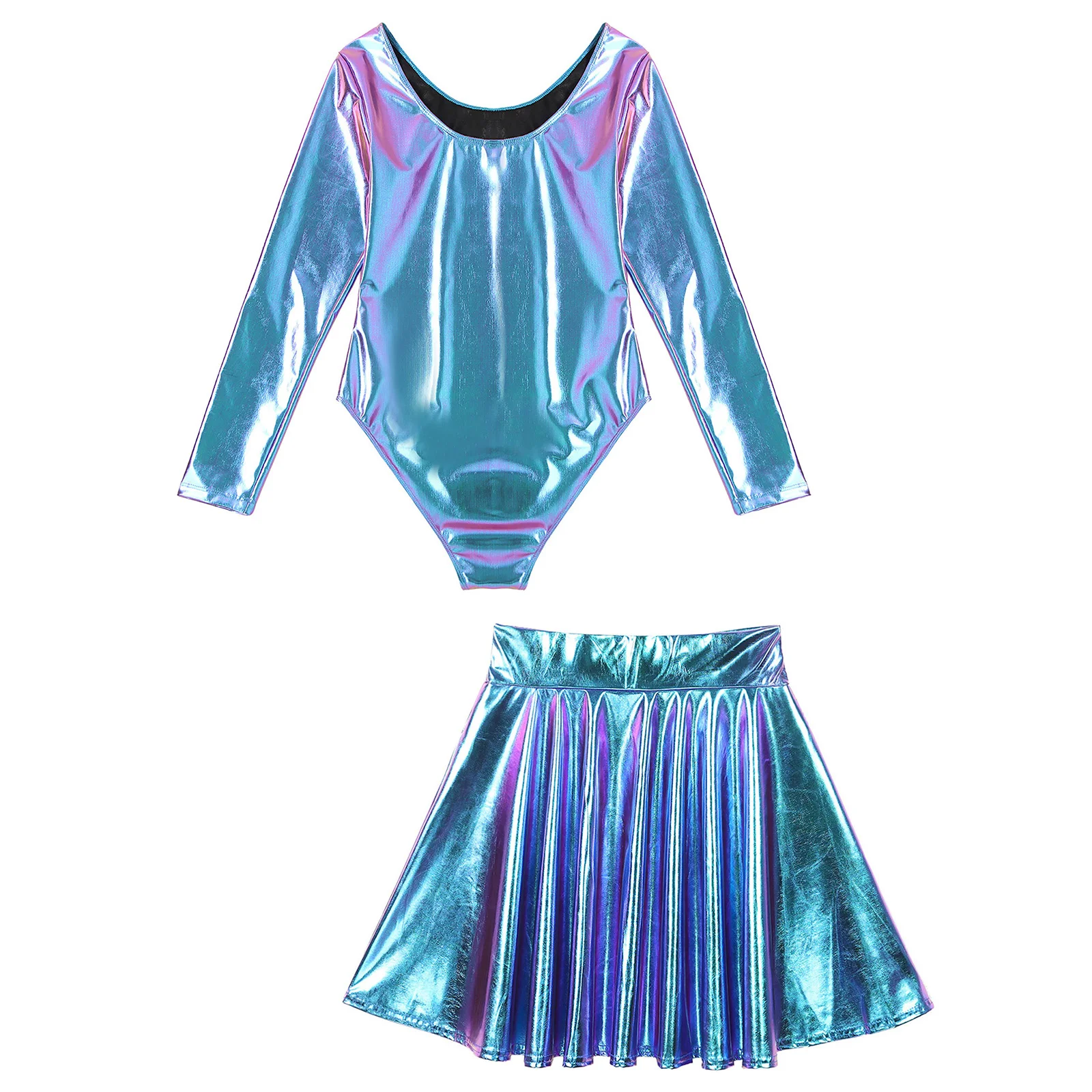 Damen glänzend metallisch Langarm Rundhals Trikot mit hoher Taille Flare Rock Party Musik Festival Tanz Performance Clubwear – Detail 9