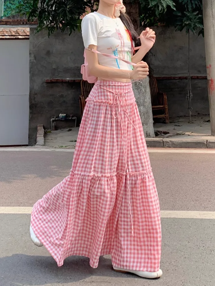 

Color Blocking Plaid Design Women's Skirt 2024 Summer New Elastic Waist Long Skirt Korean Fashion Pastoral Style A-line Skirt