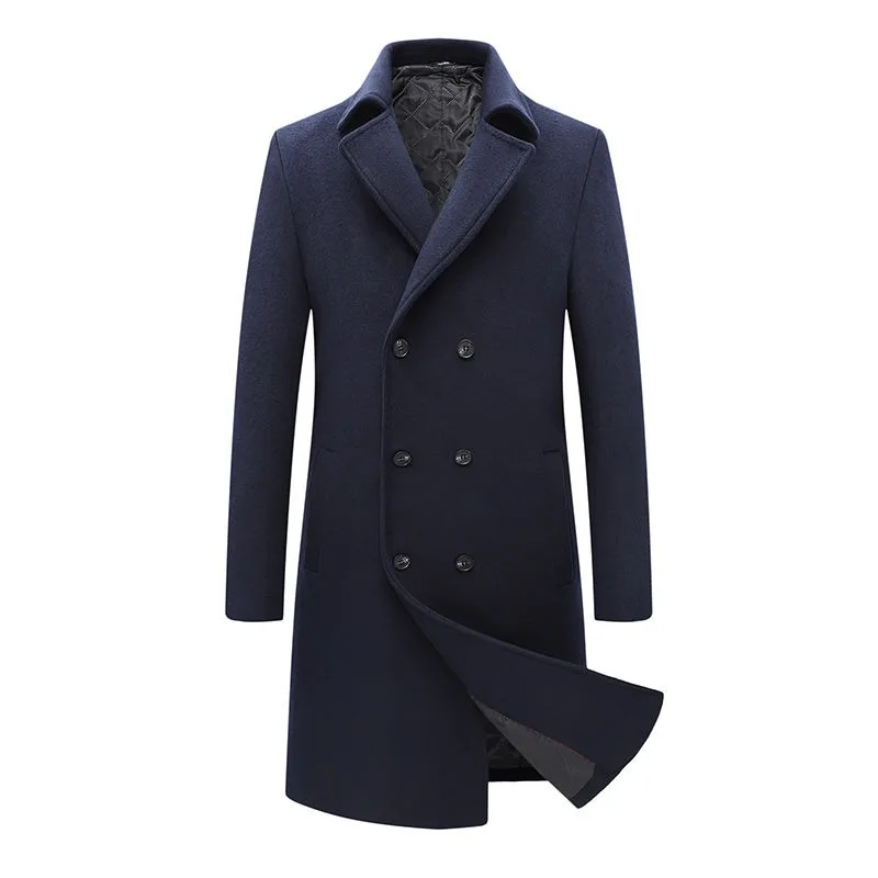 2023 New Men Wool Overcoat Winter Plus Cotton Thicken Woolen Coat Mid-Length Fashion Casual Solid Color Cashmere Trench Outwear