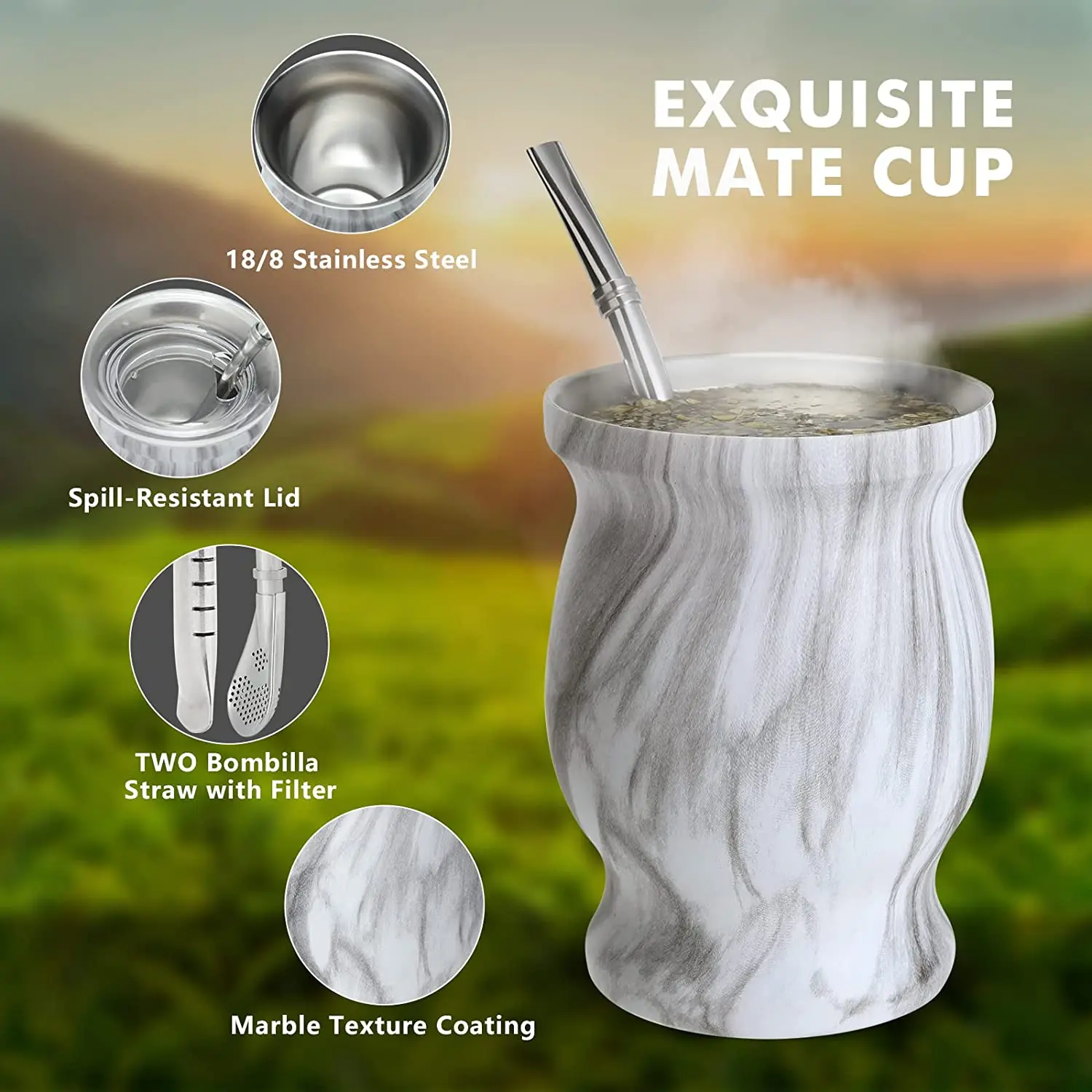 Yerba Mate Natural Gourd/Tea Cup Set With Lid 230ML Includes 2 Bombillas yerba mate cup tea set