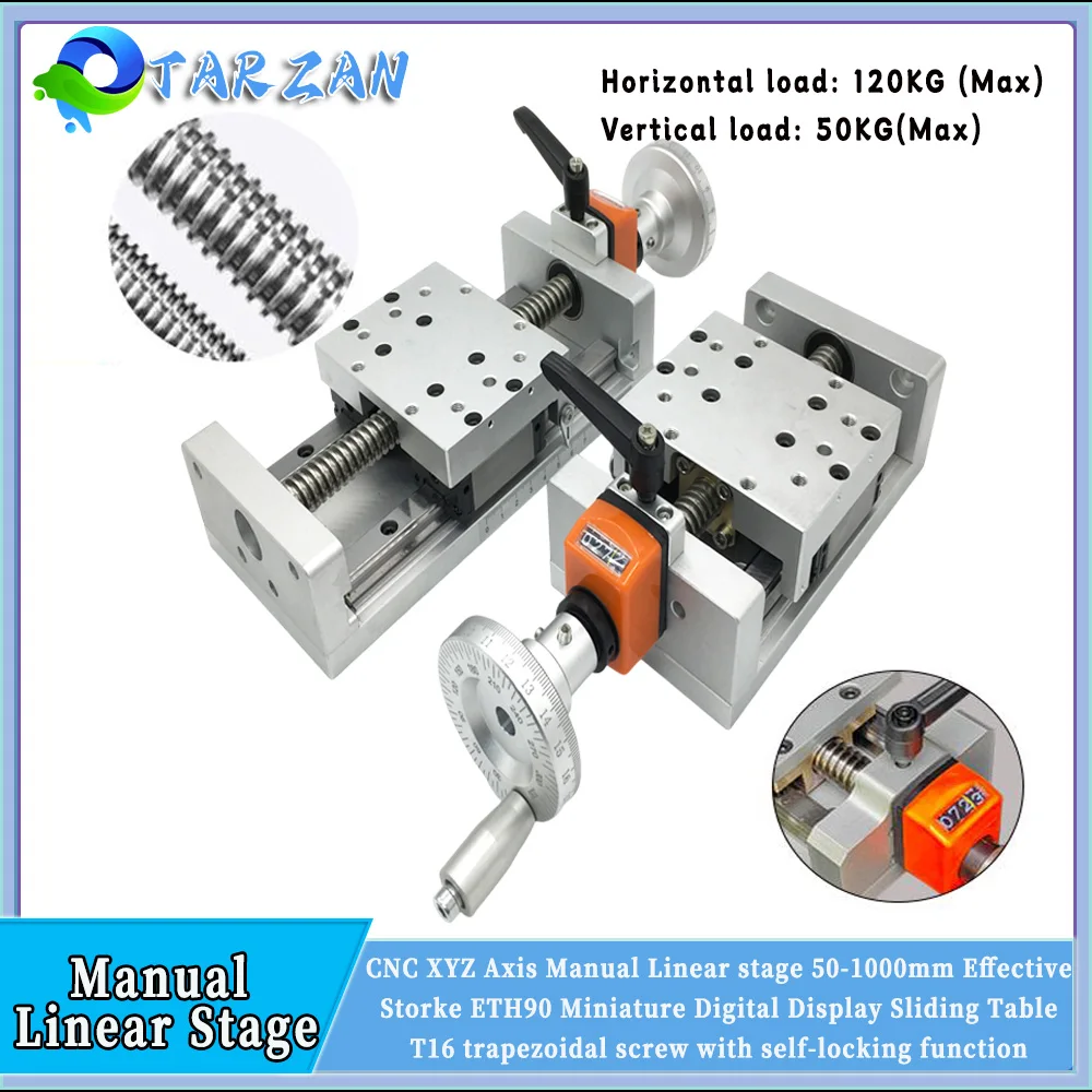 คู่มือตารางเลื่อน 50-1000 มม.T-TypeสกรูLinear Actuatorดิจิตอลจอแสดงผลตําแหน่งเคาน์เตอร์ 120KG Linear Rail XYZ CNC 1