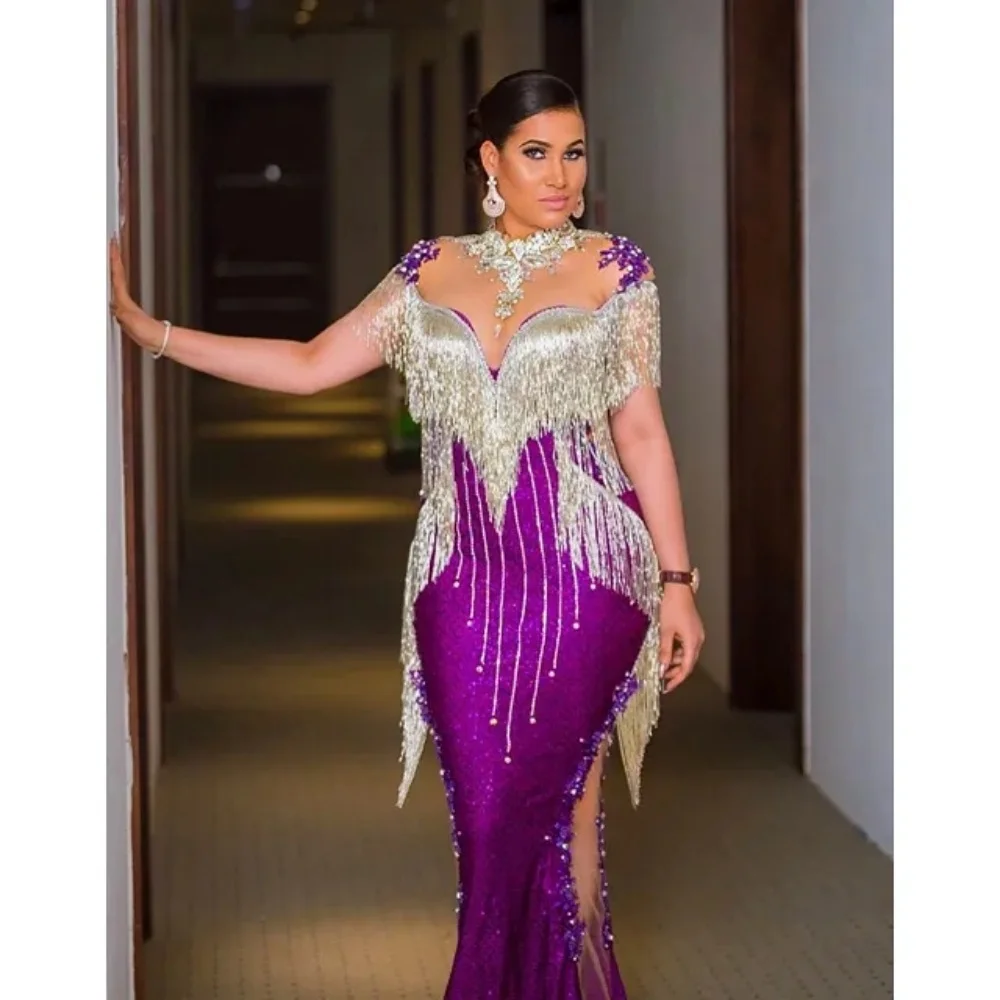 

Dubai Luxury Evening Dresses 2024 Short Sleeves Sheer Neck Beaded Tassel Lace Appliques Prom Dress Mermaid Cocktail Party Dress