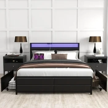 Full Size Bed Frame, 4 Storage Drawers, USB Port, Strong Metal Slats Support, Noise Free Needed, Mattress Foundation, Bed Frame