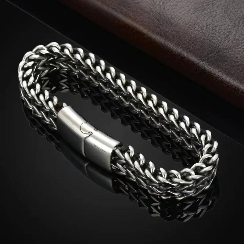 High End Hip-hop Stainless Steel Bracelet for Men, Woven Double Row, Simple and Dominant Cuban Titanium Steel  Bracelet