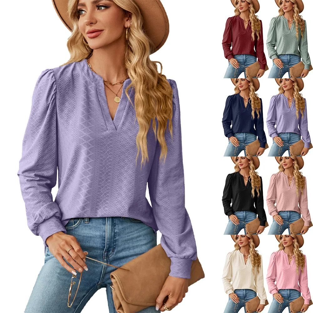 

Europe and The United States Autumn and Winter New Solid Color V-neck Jacquard Long-sleeved Loose T-shirt Blouse Lady