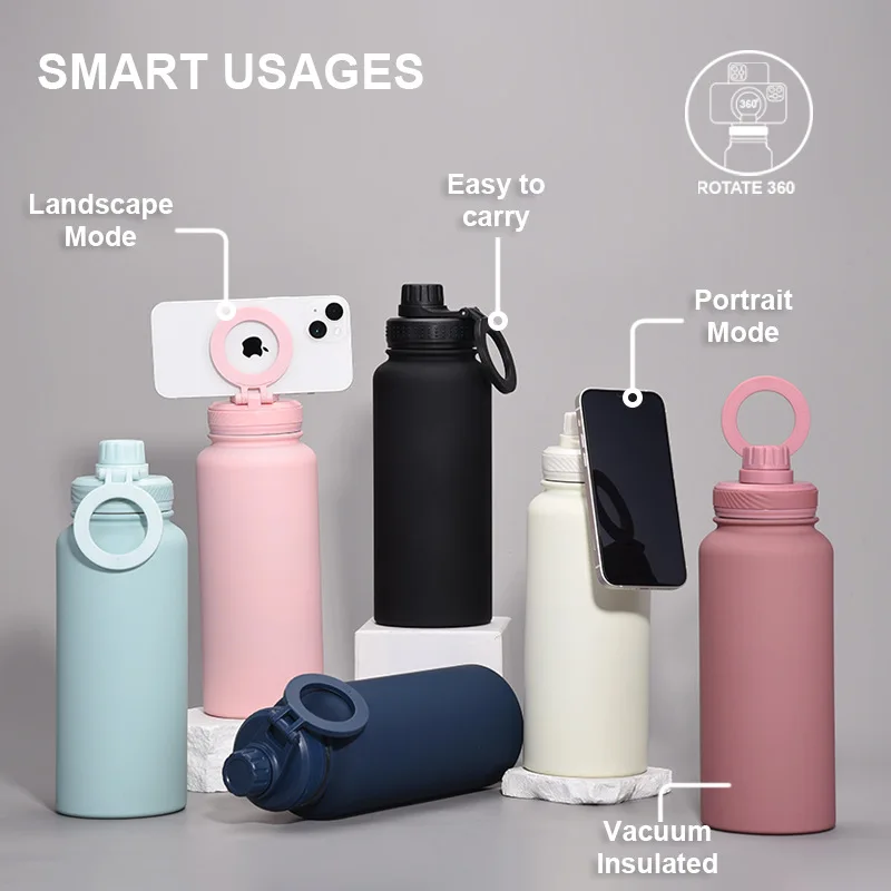 

Large Capacity Vacuum Insulated Flask Thermos with Magnetic Phone Bracket and Stainless Steel Lid, Perfect for Outdoor Sports