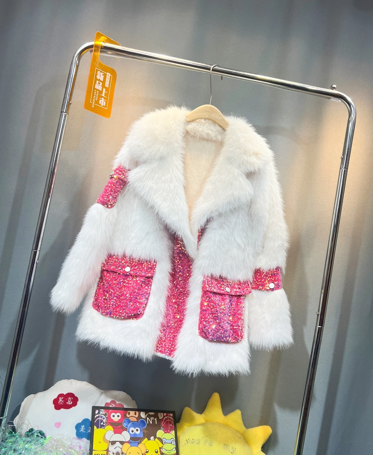 Shiny Sequins Piink Pockets Warm Fur Overcoat Women Winter Thikcen Outwear Mid-long Loose Colorblock Faux Fur Jacket Casual Coat