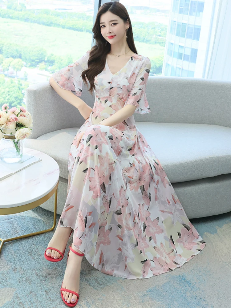 Women Summer Clothes For 2023 Floral Bodycon Chiffon Dress V-neck Elegant  Pink Korean Fashion Casual Beach Maxi Evening Dresses